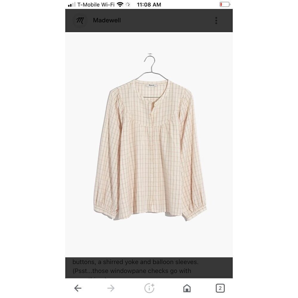 NWT Madewell Balloon-Sleeve Peasant Top in Windowpane beige. S
